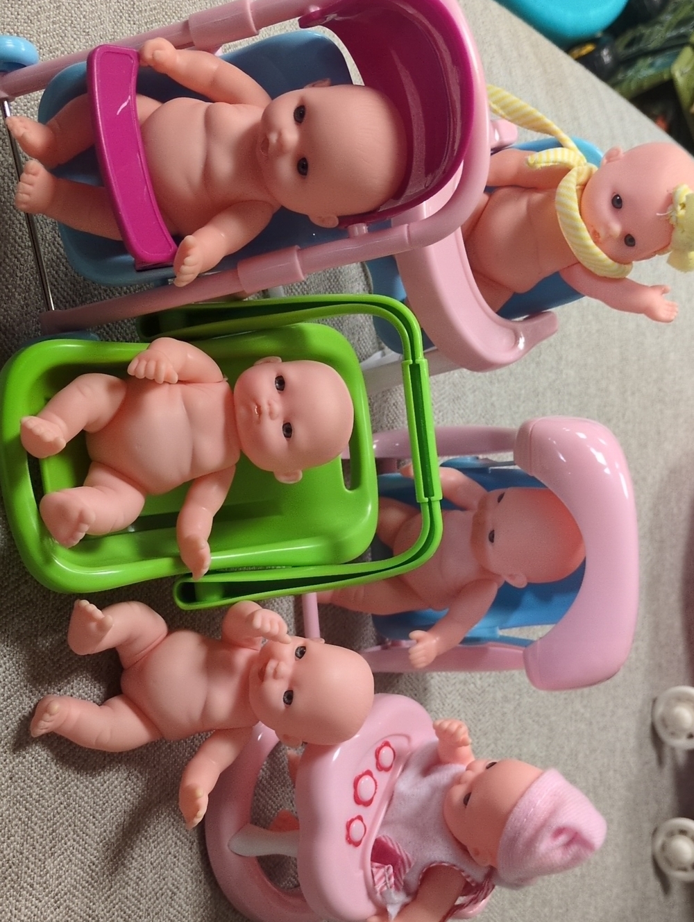 Mini Baby Doll Play Set with Pink and Green Seats - 6-Piece Pretend Play